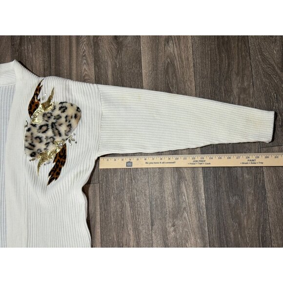 VINTAGE 80'S BEIGE GOLD LONG CARDIGAN SWEATER SHOULDER PADS ONE SIZE LEOPARD FUR - Picture 9 of 10